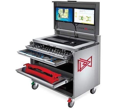 A tool cart with two monitors and a keyboard.
