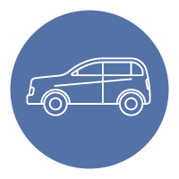 A line drawing of a car in a blue circle.