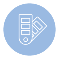 A blue circle with a white icon of a color palette.