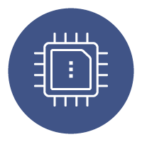 A cpu icon in a blue circle on a white background.