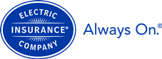 The electric insurance company logo is blue and white and says always on.