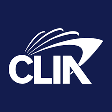 A white clia logo on a blue background