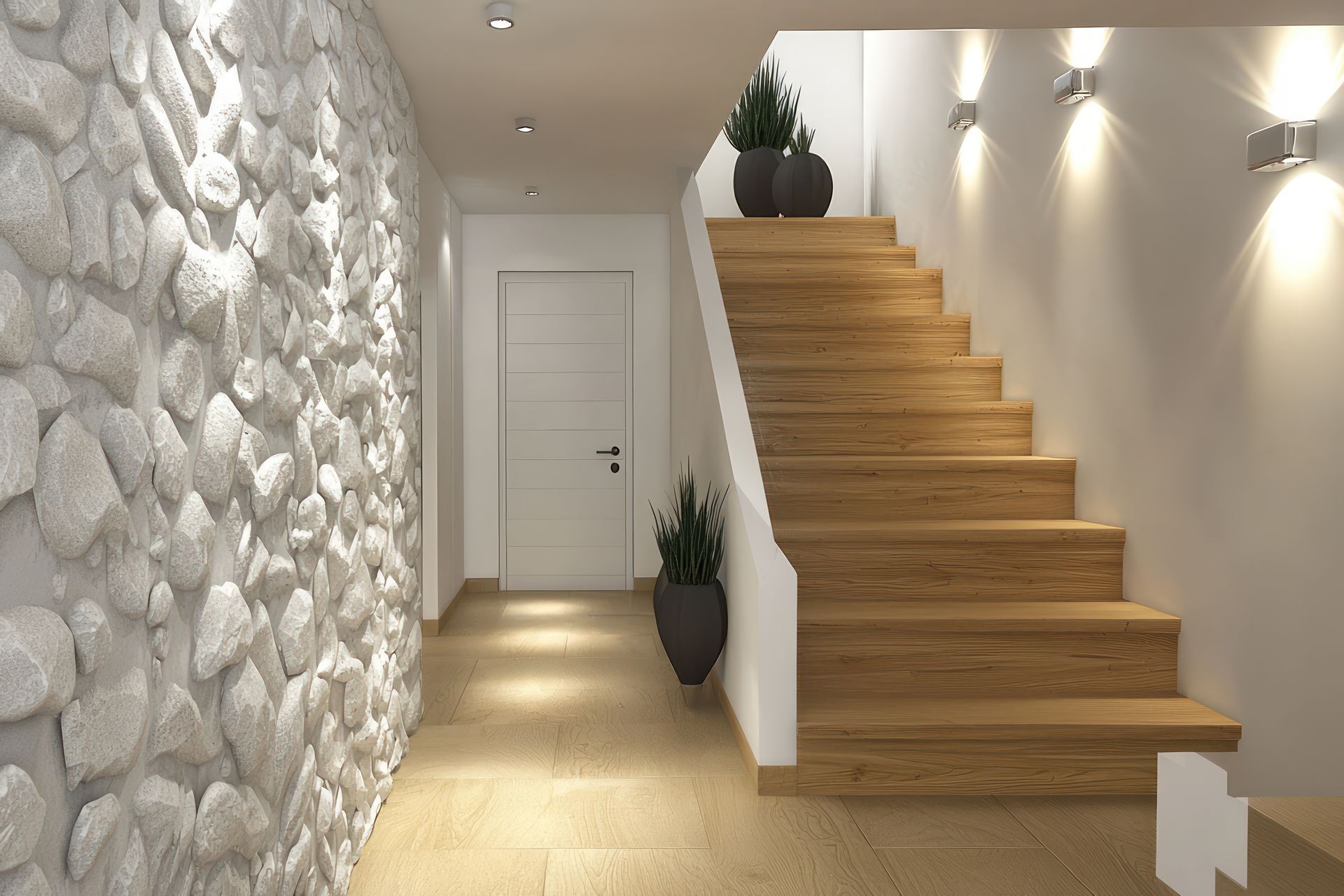 A hallway with a stone wall and wooden stairs
