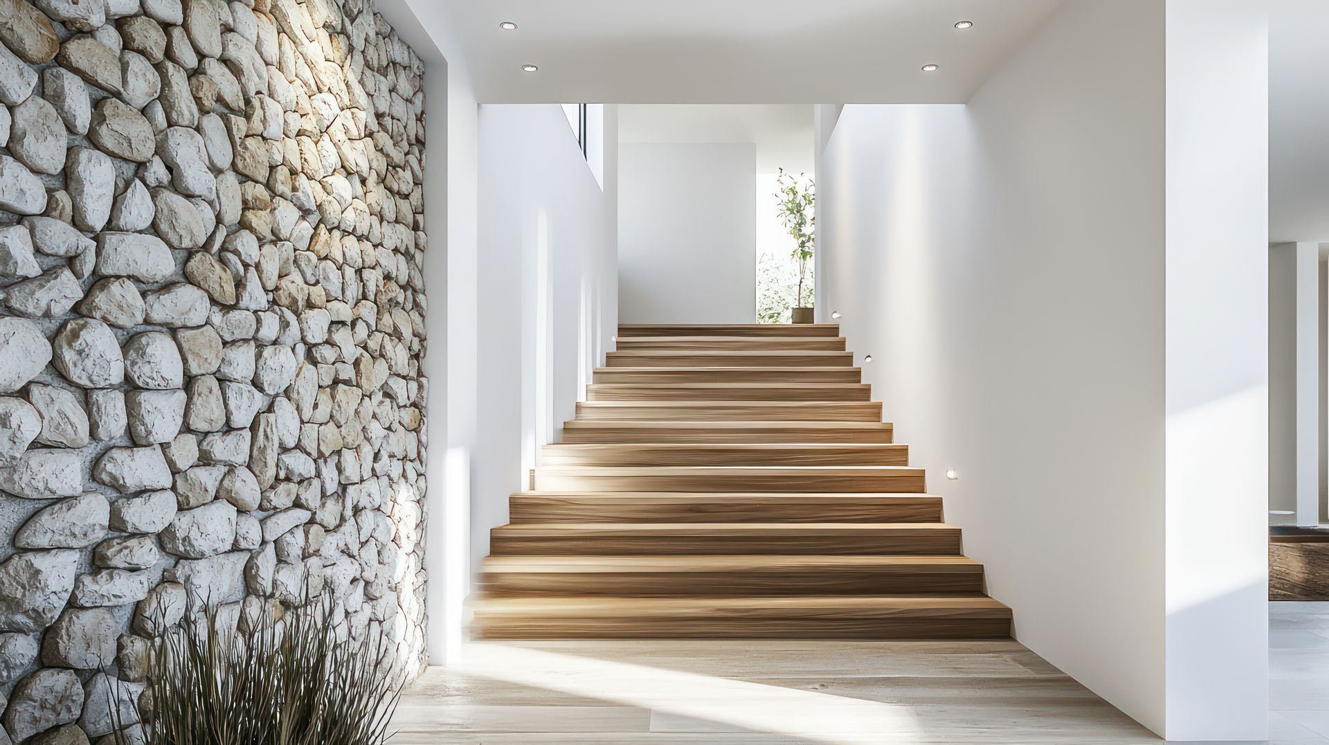 A hallway with wooden stairs and a stone wall.