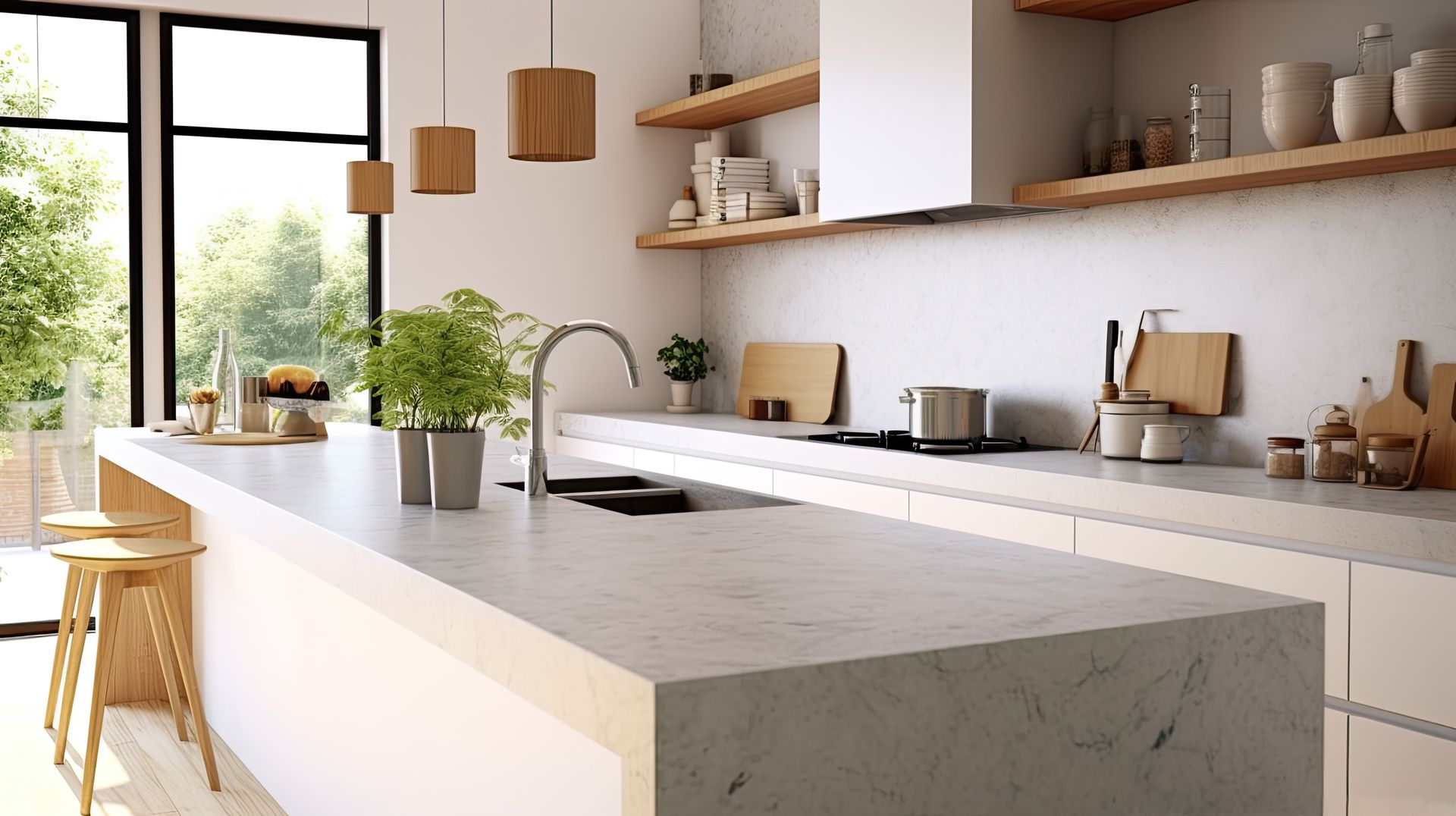 Cuisine moderne avec comptoirs blancs, accents en bois et une grande fenêtre donnant sur la verdure.