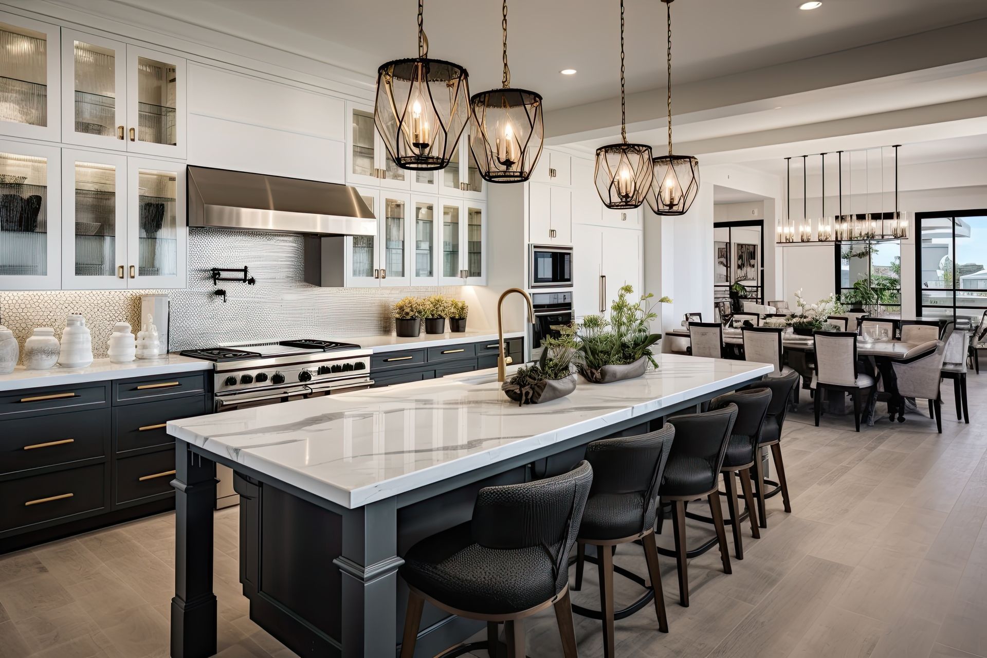 A kitchen with a table and chairs and a bench in the middle.