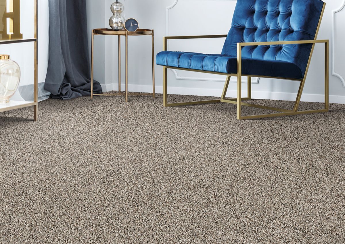A living room with a chair and a table on a carpeted floor.