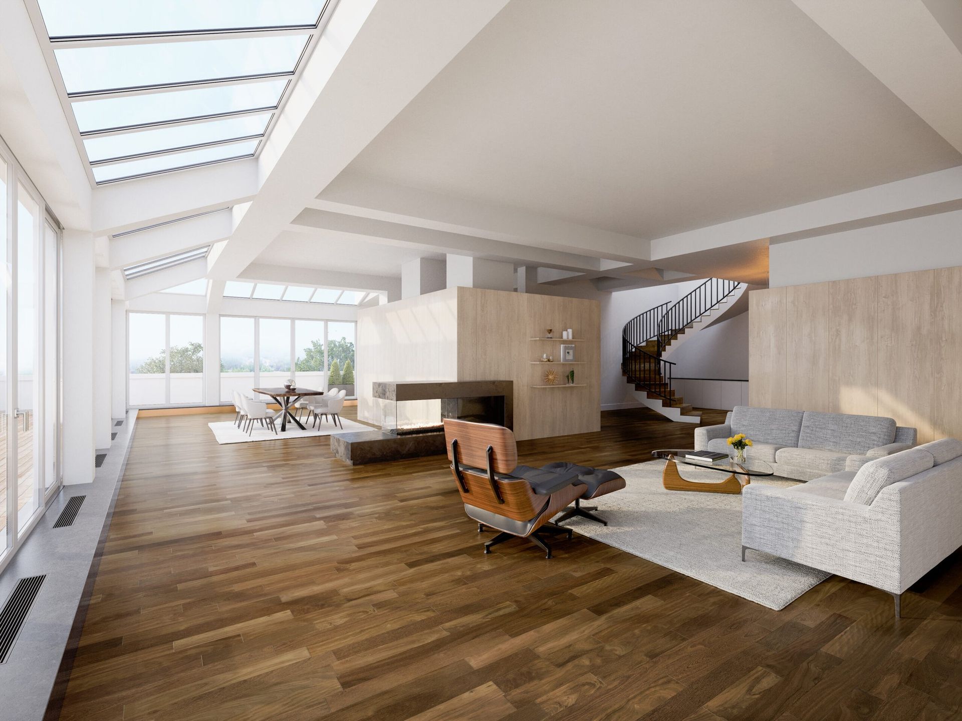 A living room with a couch a chair and a fireplace