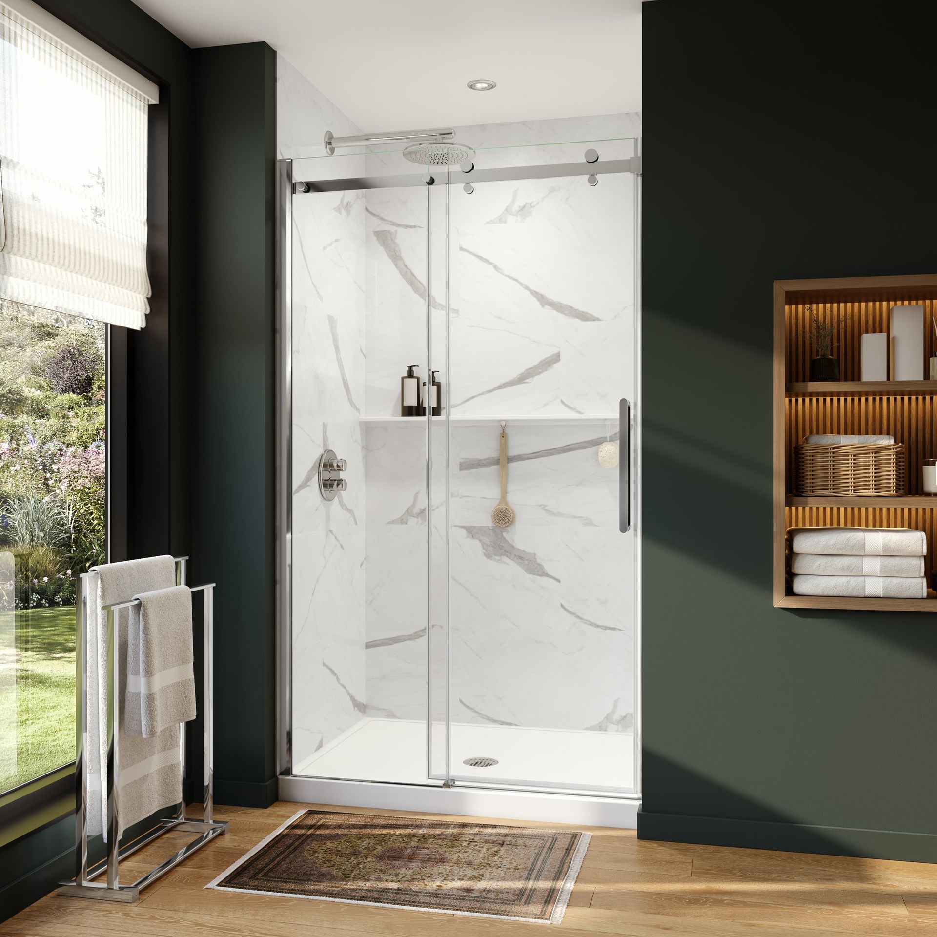 A bathroom with a sliding glass shower door and a window