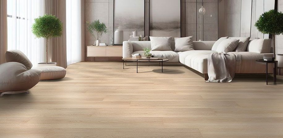 A living room with a couch , chairs , and a wooden floor.