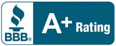 BBB A+ rating logo. Blue and white, with a torch and the letters