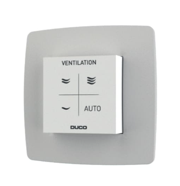 ventilatiebedieningsschakelaar met grijs frontpaneel en witte knoppen met de opschriften 'ventilatie' en 'auto'.