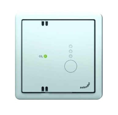 Wit wandbedieningspaneel met CO2-indicatielampje en ronde knop, op een lichtblauwe achtergrond.