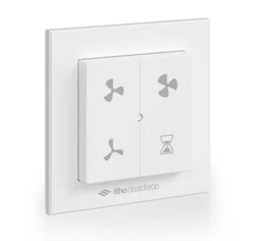 Wit wandthermostaatbedieningspaneel met pictogrammen voor ventilator, timer en slaapstand.