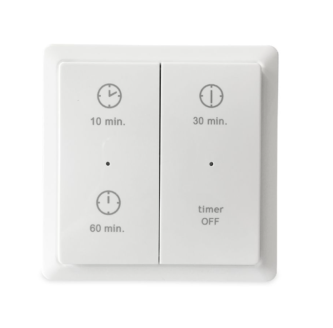 Witte wandtimer met instellingen van 10, 30 en 60 minuten en een label voor het uitschakelen van de timer.