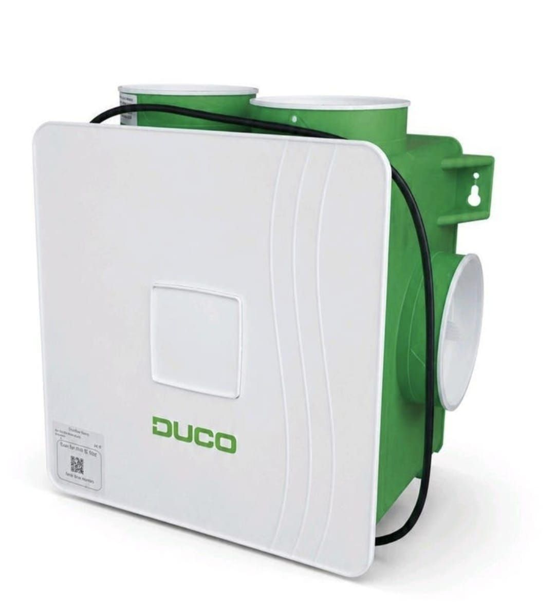 Witte en groene DUCO badkamerventilator met frontplaat en kanaalaansluitingen.