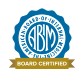 The logo for the american board of internal medicine is blue and white.