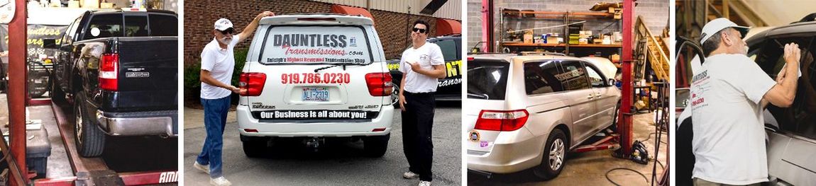 Four snapshots of individuals in a garage, by vehicles. Two men at white SUV, another at a silver van. Truck on a lift.