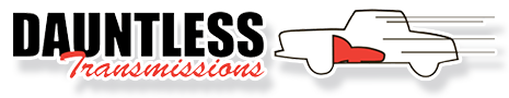 Dauntless Transmissions logo with a stylized white truck and red highlight. Black text on white background.