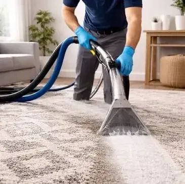 Vacuum cleaner nozzle cleaning a red patterned carpet indoors