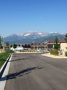 A road leading to a residential area with mountains in the background.