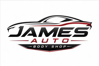 James Auto Body Shop logo with black and red stylized car outline