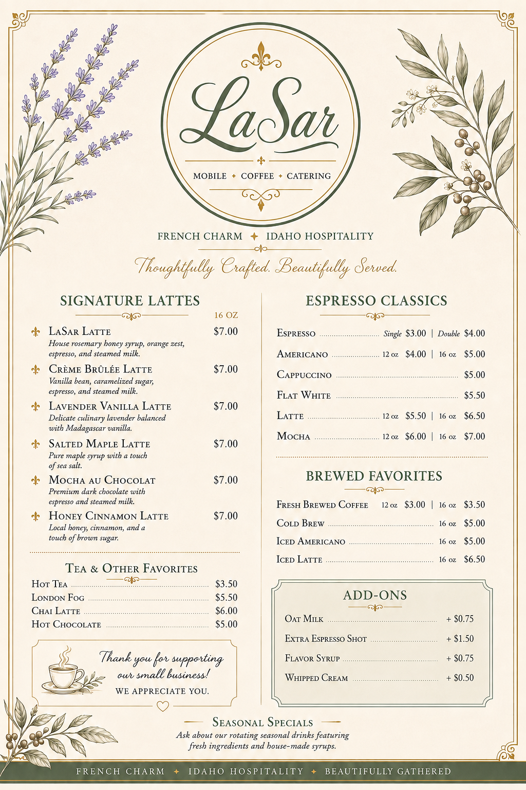 La Sar Café menu with floral accents, listing signature lattes, refreshers, and specialty drinks