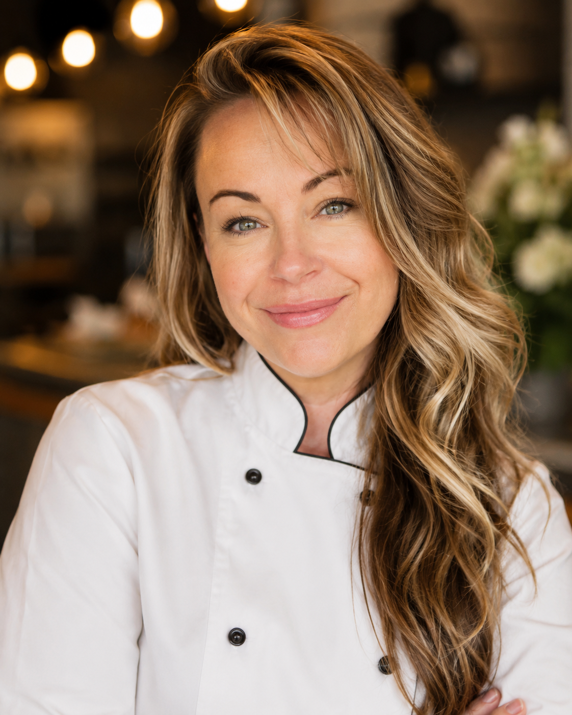 Portrait of a smiling chef in a white coat with long wavy hair, standing in a softly lit kitchen