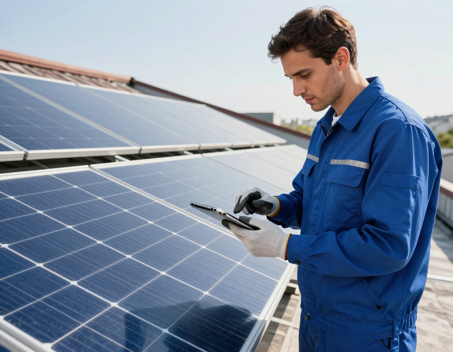 Tecnico installa una stufa in un salotto moderno