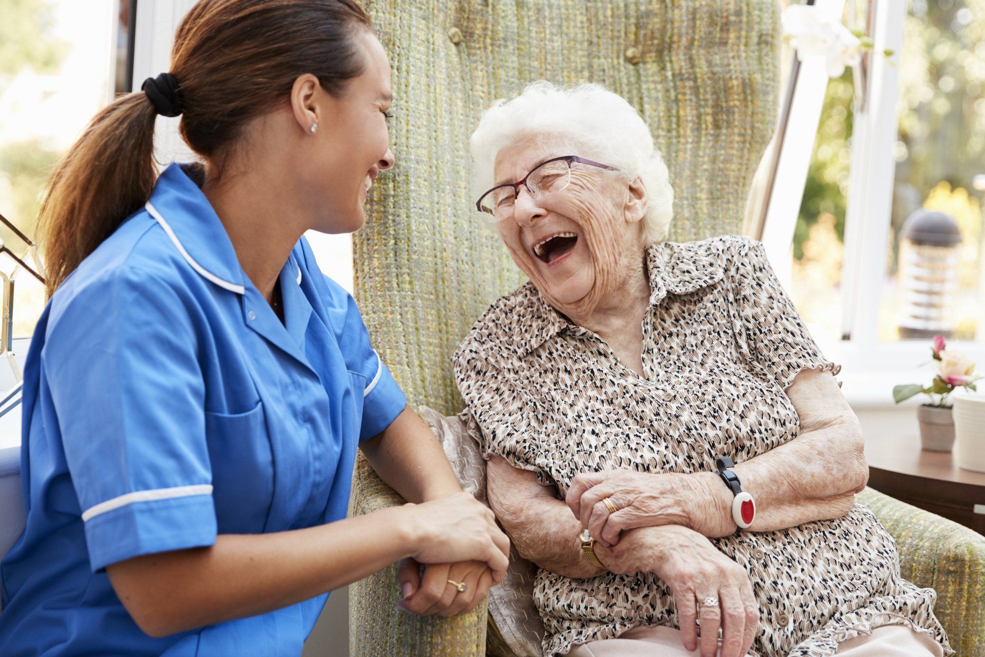 Happy Senior Woman with her Nurse — Dallas, TX — Kristi’s Senior Solutions