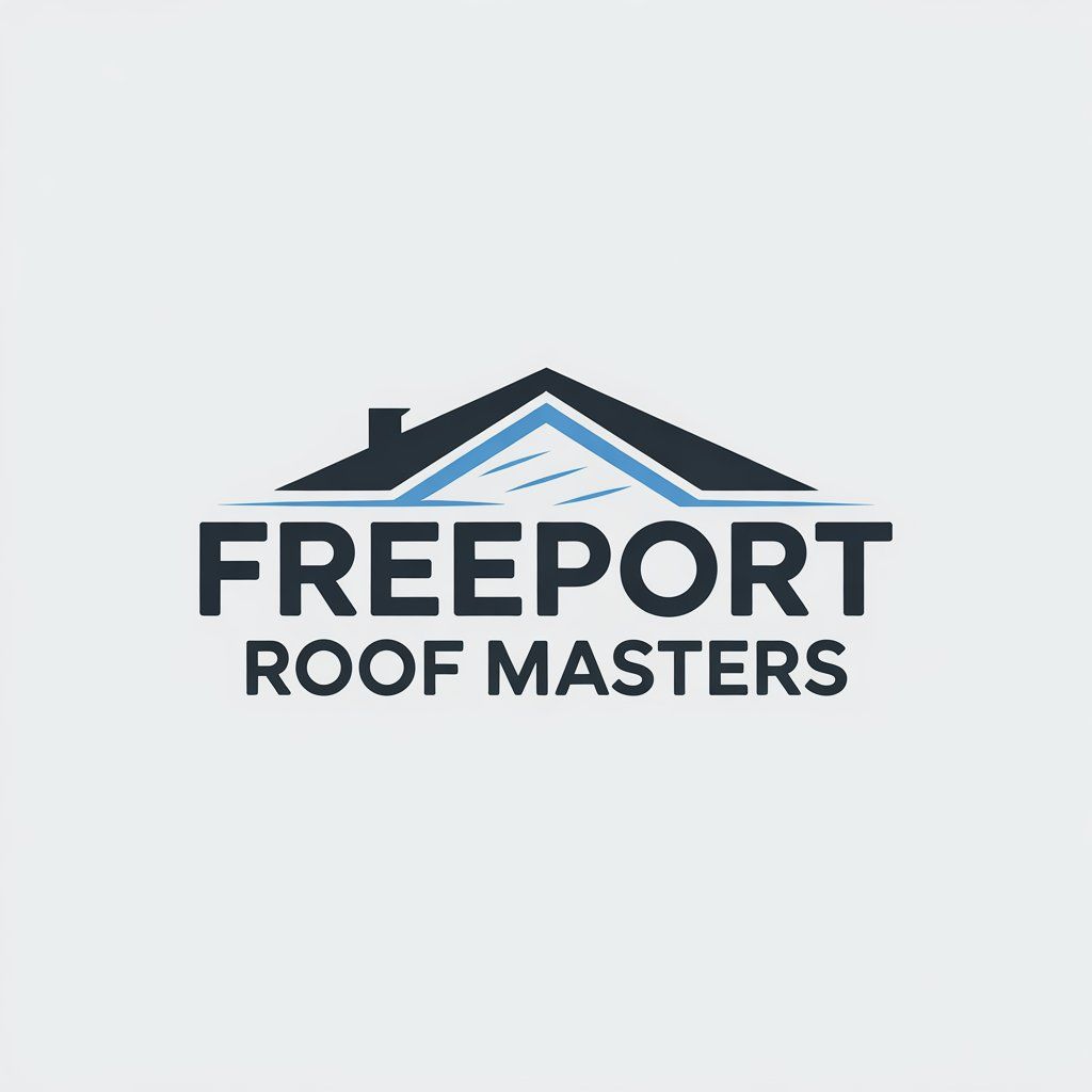 Logo for Freeport Roof Masters: Black roof outline over blue window, text below in dark blue.