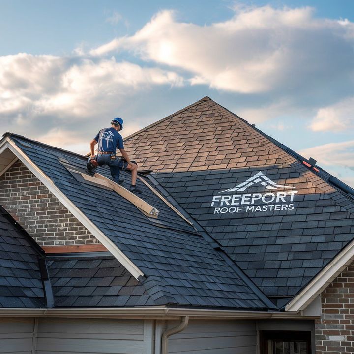 Roofer on a residential roof installing shingles; logo for Freeport Roof Masters visible.