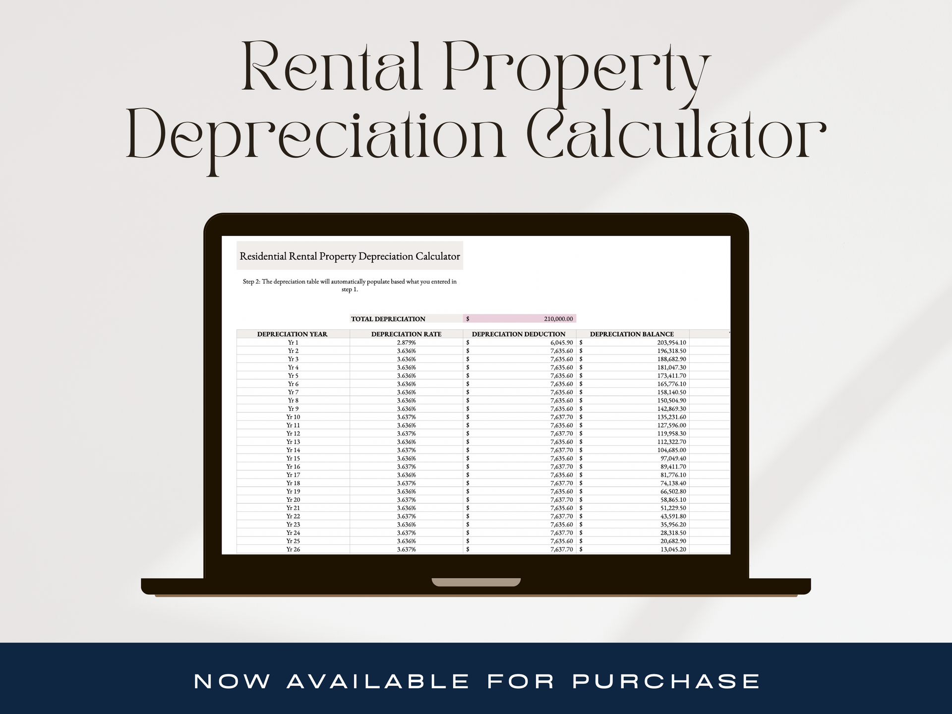 Laptop displaying a rental property depreciation calculator spreadsheet, titled