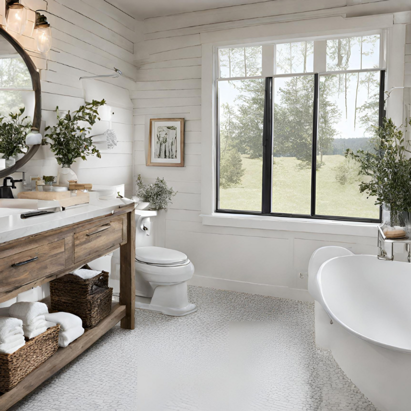 A bathroom with a tub , toilet , sink and mirror
