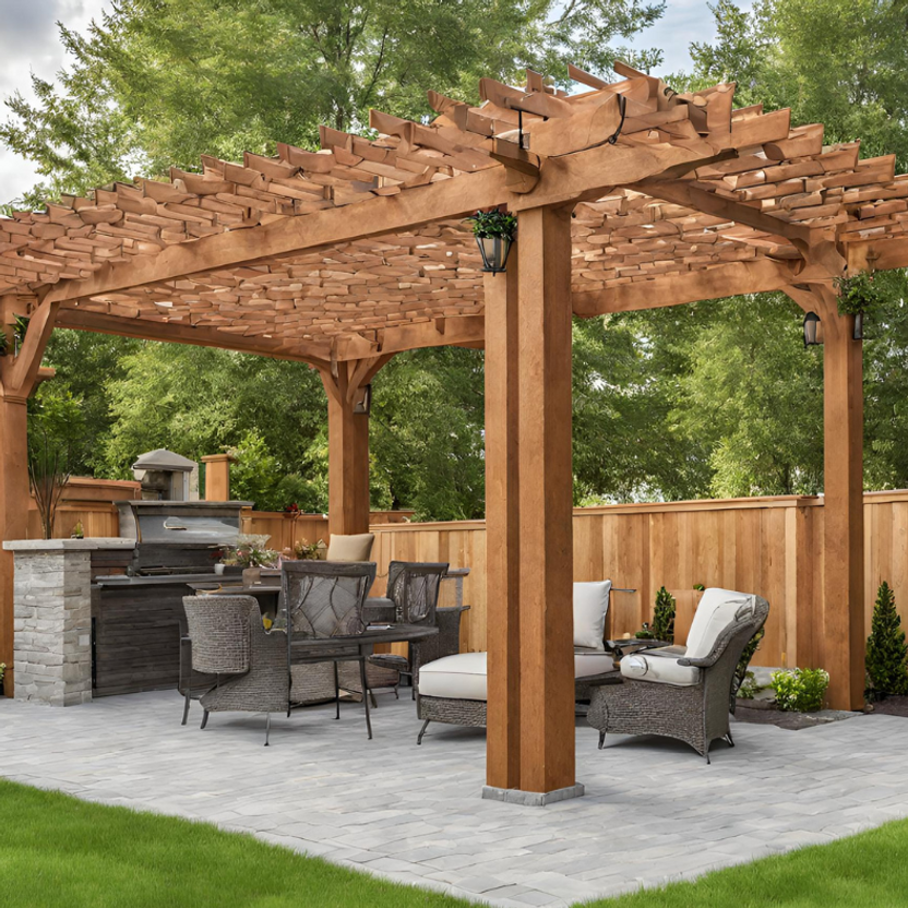 A wooden pergola over a patio with chairs and a grill.