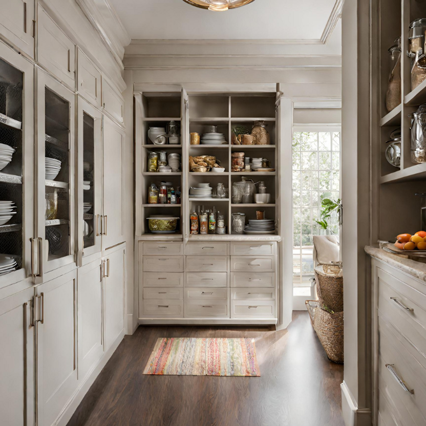 A kitchen with lots of cabinets and drawers and a rug on the floor