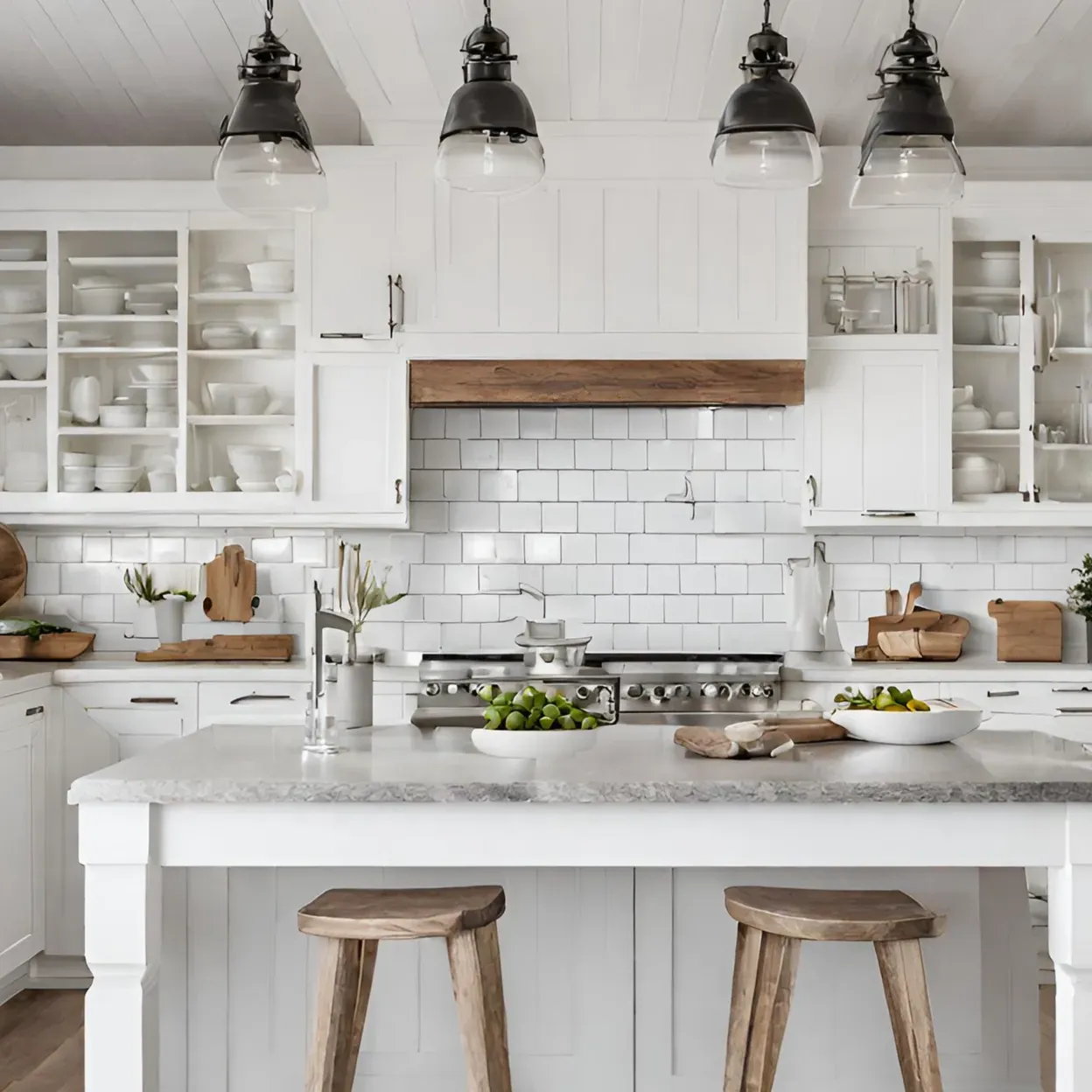 A kitchen with white cabinets and wooden stools