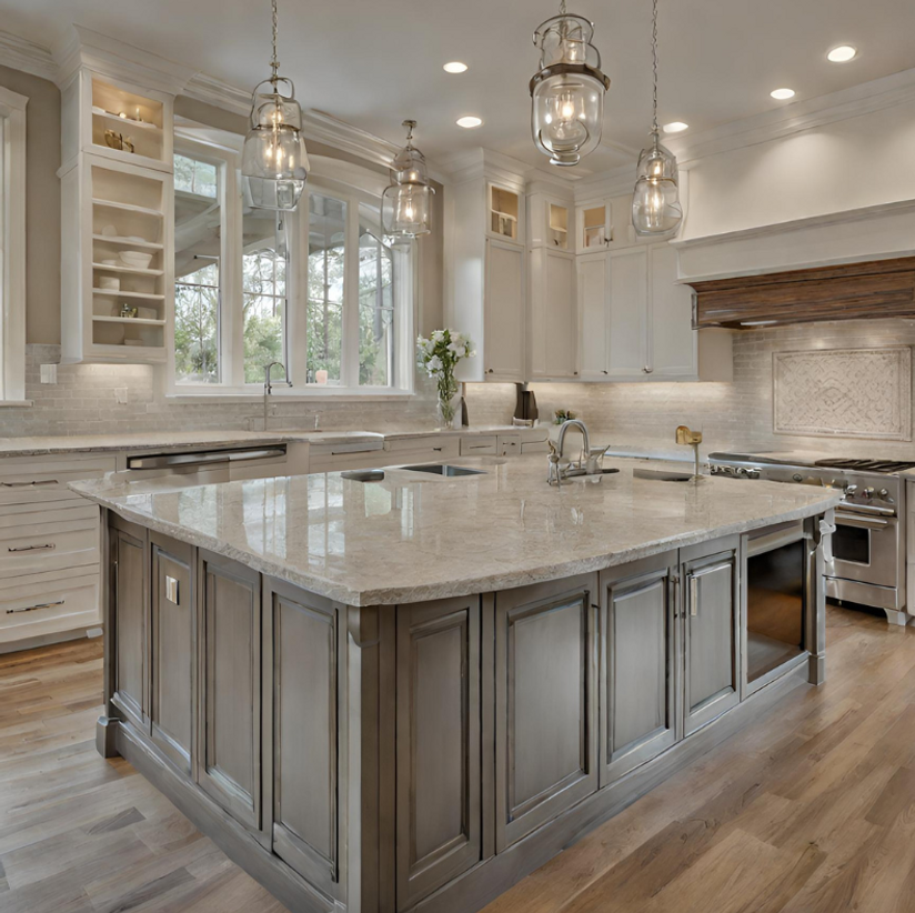 A kitchen with a large island and stainless steel appliances
