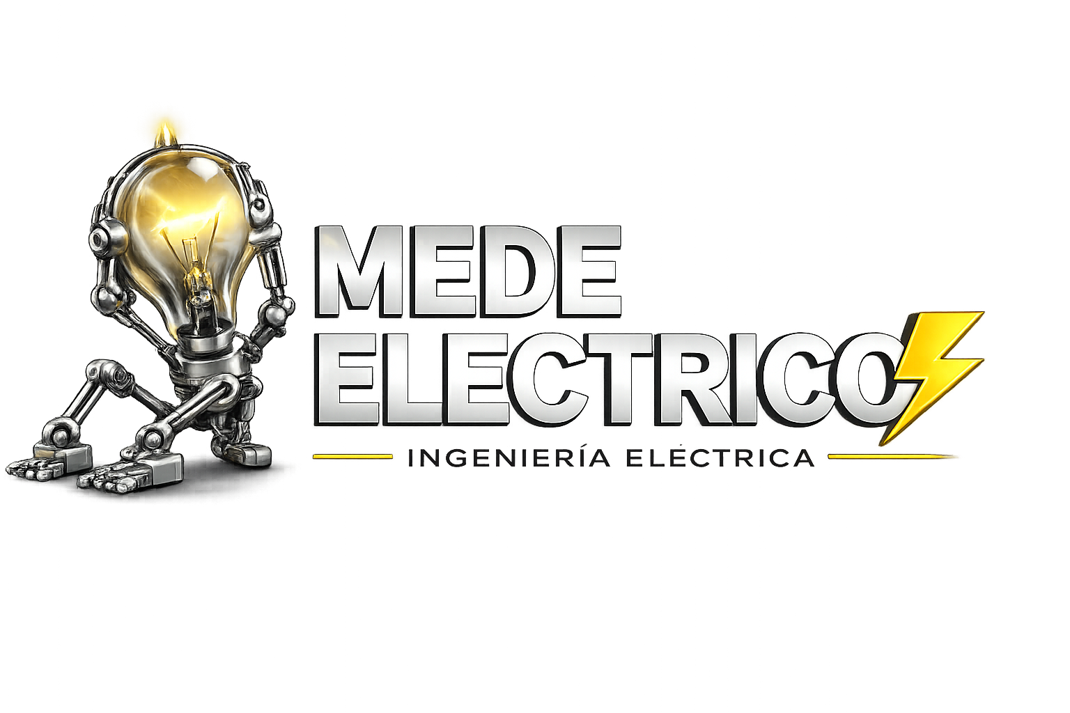Logotipo de MEDE ELECTRICO con un robot bombilla y un rayo amarillo sobre fondo blanco.