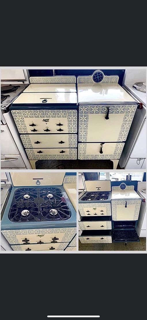 Blue-and-white wooden dresser set with drawers and decorative floral panels, shown from front and side views