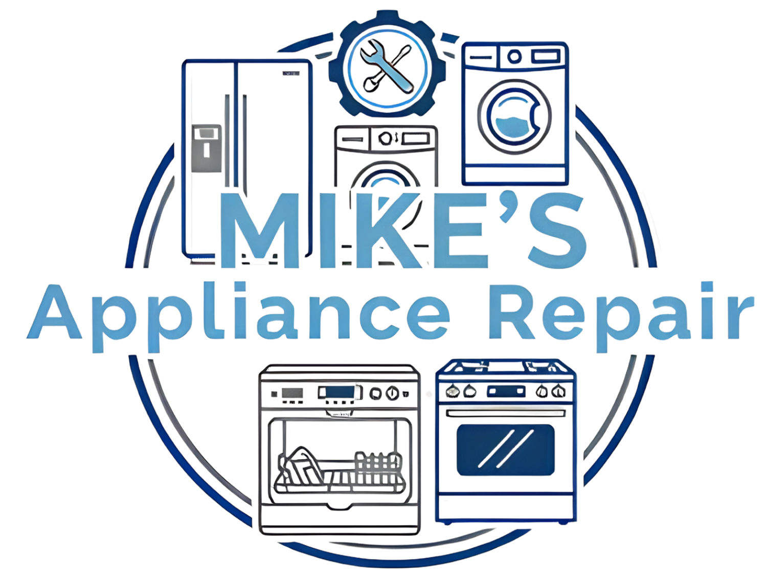 Teal outline of stacked refrigerator, stove, and washer with “Mike’s Appliance Repair” text
