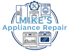 Teal outline of stacked refrigerator, stove, and washer with “Mike’s Appliance Repair” text