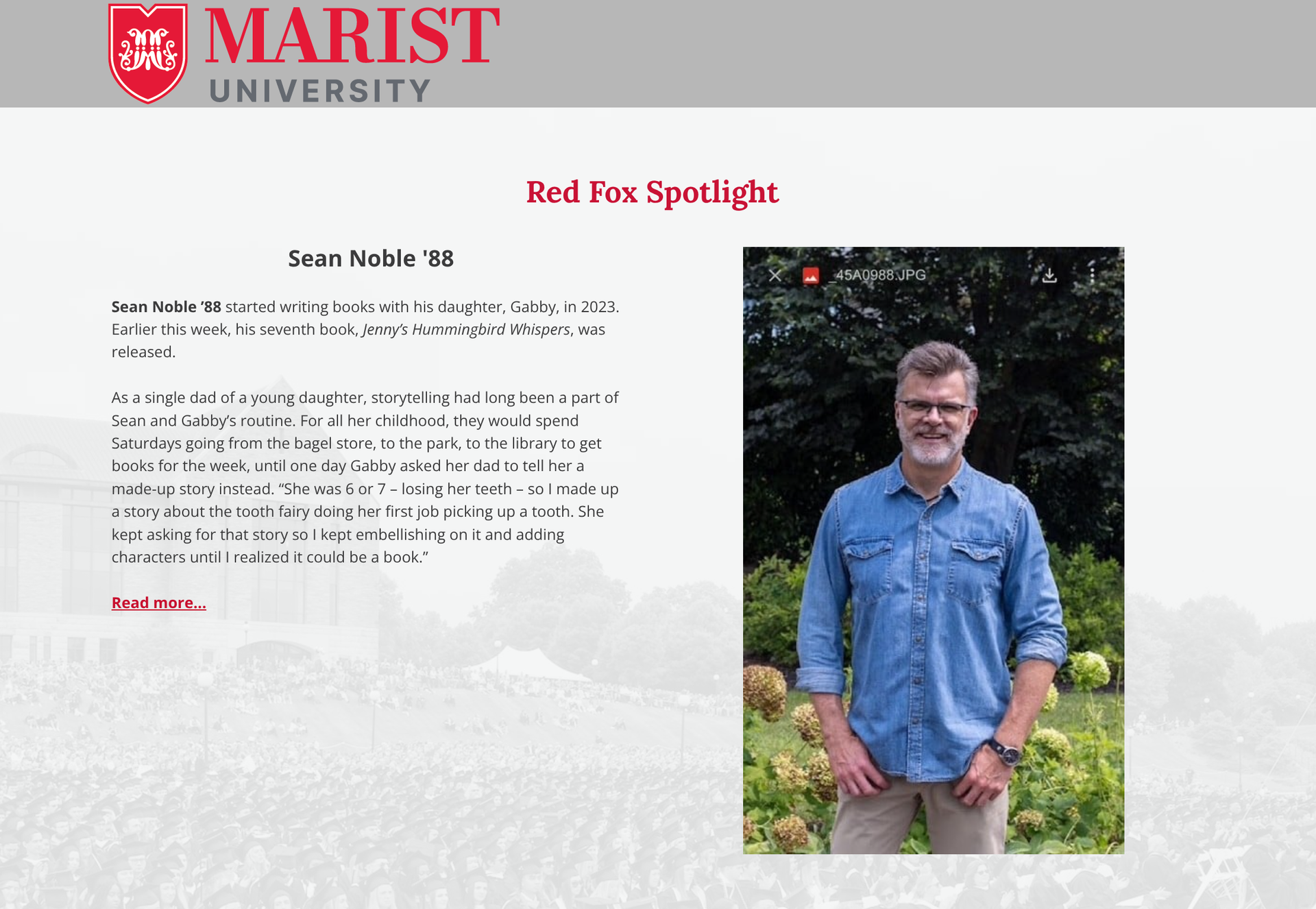 Marist University Red Fox Spotlight page with a portrait of a man in a blue shirt outdoors