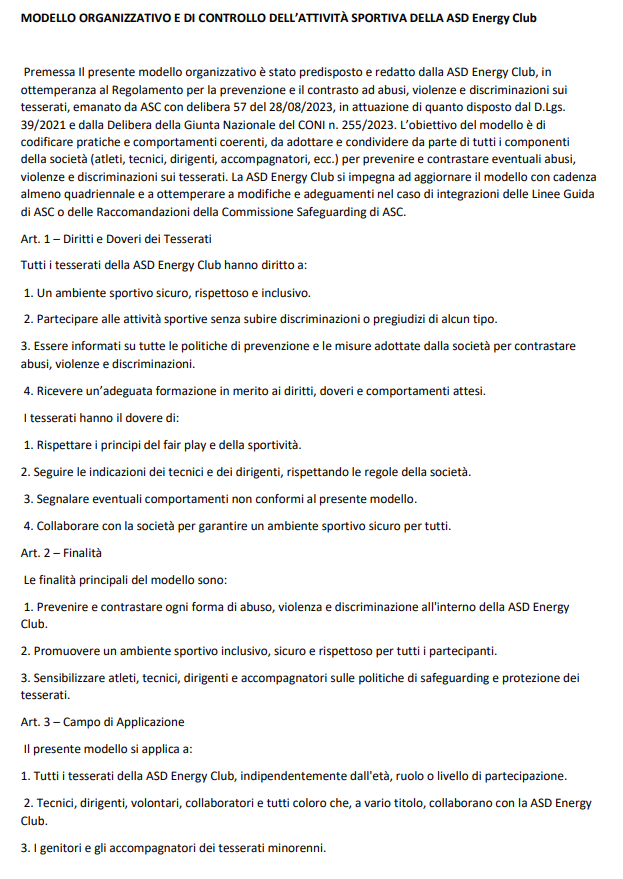 Documento sull'organizzazione e il controllo delle attività sportive dell'ADI Energy Club.