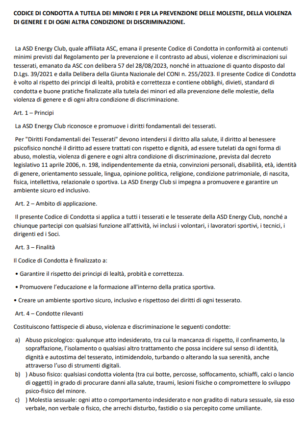Testo di un codice di condotta per la prevenzione delle molestie e delle discriminazioni.