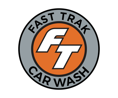 The logo for fast trak car wash is orange and gray.