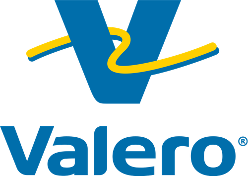 Valero logo with a blue “V” and yellow swoosh above the blue wordmark