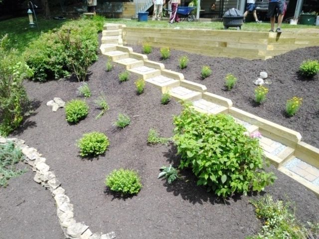 Terraced garden with stepping-stone path, low shrubs, and mulched planting beds in a landscaped yard