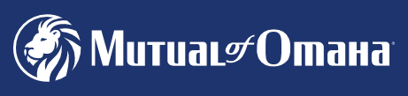 Mutual of Omaha logo with white text and lion emblem on a blue background