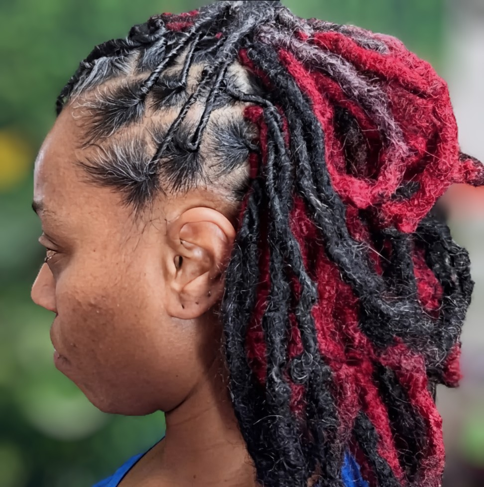 A side profile of a person with dark and red-dyed locs styled with intricate partings along the scalp.